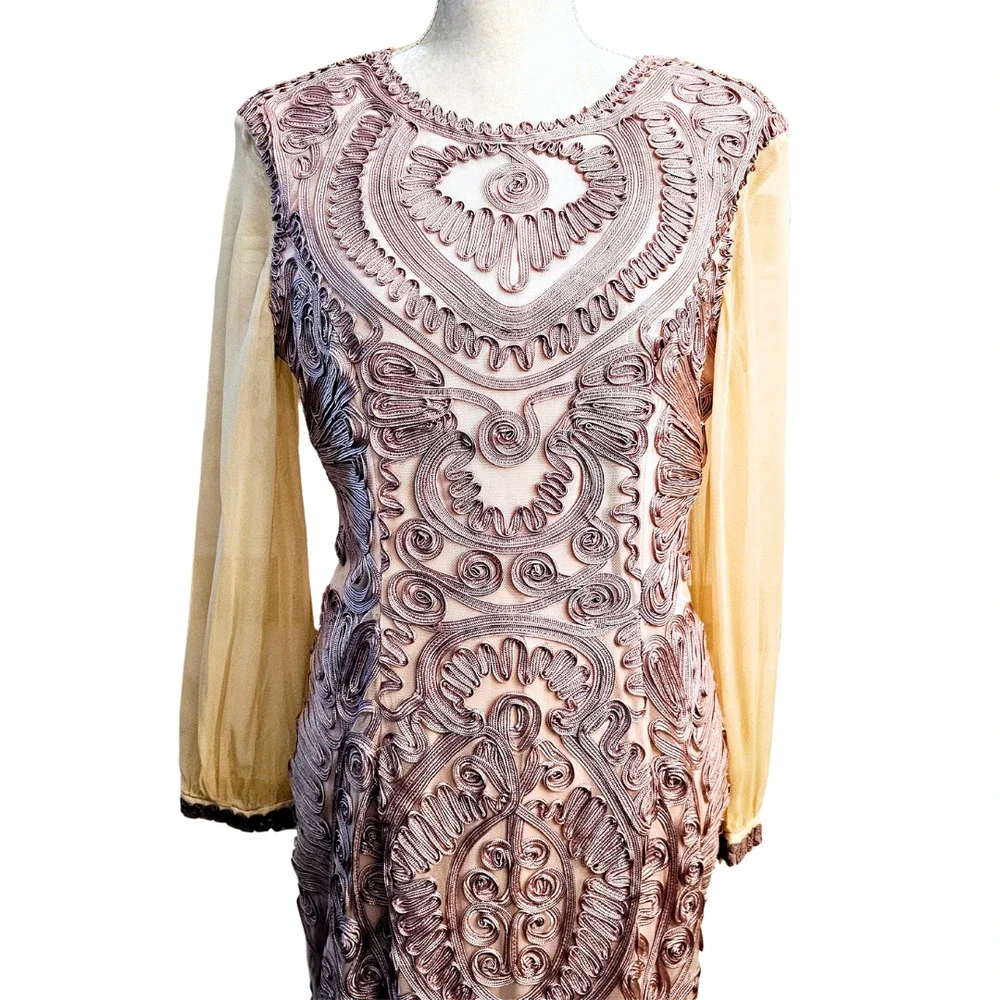 JS Collection RARE Soutache Purple Lace Sheer Sleeve Midi Flute Dress $350 Sz 12 - Picture 3 of 10